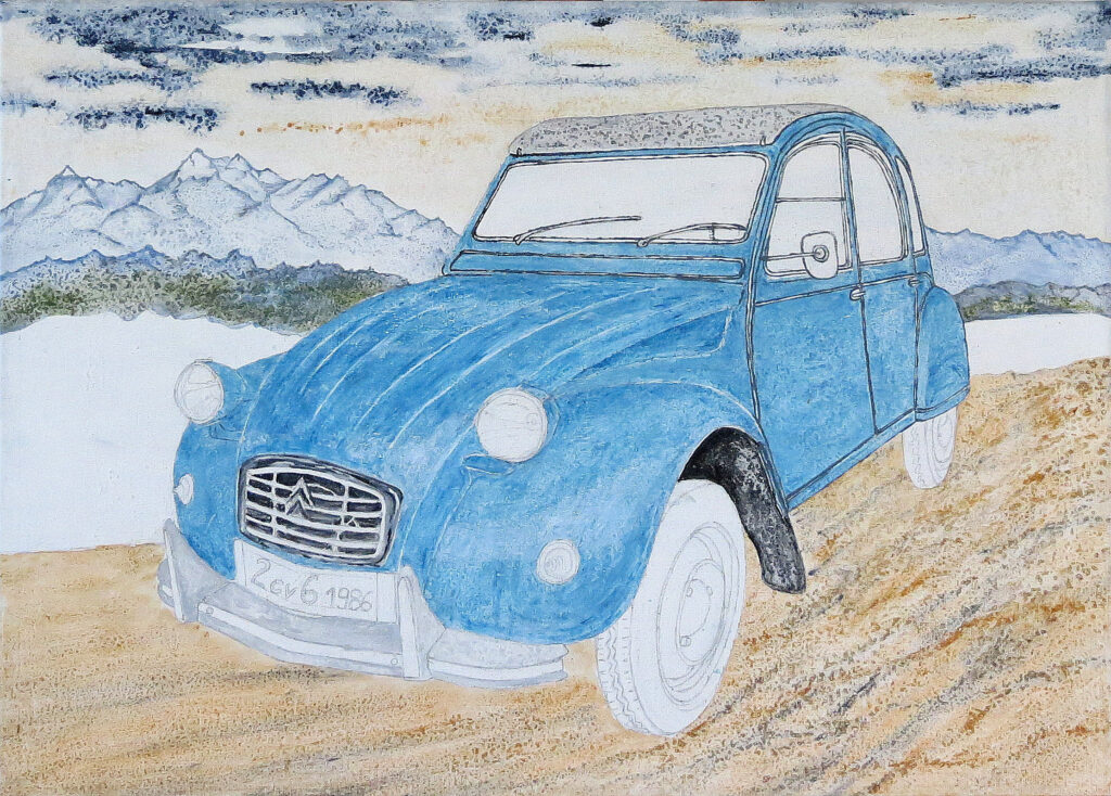 Colorisation en cours, tableau 2CV 6 de format 50 X 70 cm, en techniques mixtes