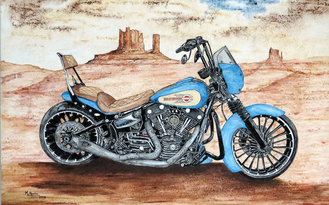 Une moto Harley-Davidson, symbole mythique de la liberté, est associée aux étendues sauvages et infinies du désert américain. Les nuances subtiles du ciel et du sable font ressortir les détails précis de cette belle mécanique. Format 92X 65 cm en techniques mixtes.