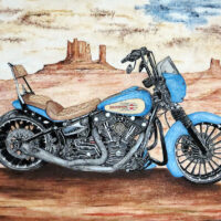 Une moto Harley-Davidson, symbole mythique de la liberté, est associée aux étendues sauvages et infinies du désert américain. Les nuances subtiles du ciel et du sable font ressortir les détails précis de cette belle mécanique. Format 92X 65 cm en techniques mixtes.