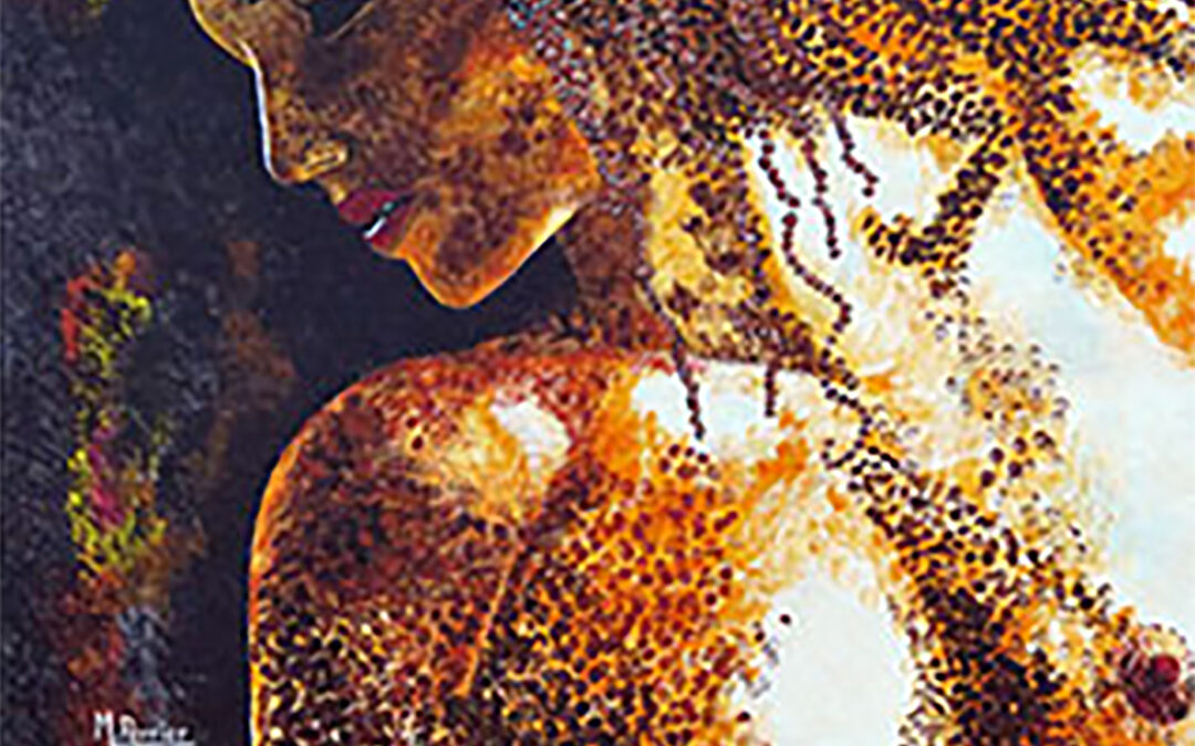 Les contours de ce profil féminin sont soulignés par l'utilisation des couleurs ocre et doré. La technique pointillée juxtapose ces teintes chaleureuses pour un rendu tout en douceur Format de 50 cm X 70 cm