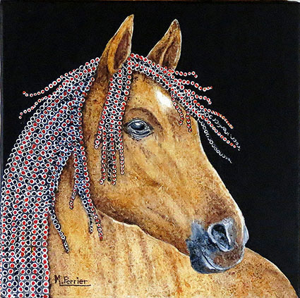 Cheval Pointillé n° 5 Avec sa robe de couleur caramel et sa crinière pointillée, ce cheval attentif semble prêt à entendre toutes les confidences ... Format 30 X 30 cm en techniques mixtes