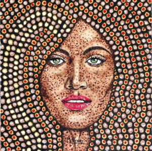 Dans ce portrait féminin réalisé en technique pointillée, les perles dorées de la chevelure forment un écrin chaleureux autour du visage. Le contraste des points de couleur sur la peau renforce l'expression du visage et l'ensemble, avec des yeux verts émeraude, contribue à créer une belle harmonie.