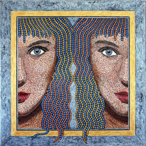 Ces deux visages féminins, tout en nuances de bleu, s'affichent avec un visage expressif en technique pointillée. Les perles dorées et cuivrées de la chevelure ont une intensité variable en fonction de la lumière. Leurs regards bleus, attentifs et bienveillants, suivent chaque passage devant le tableau. Techniques mixtes Format de 80 cm X 80 cm