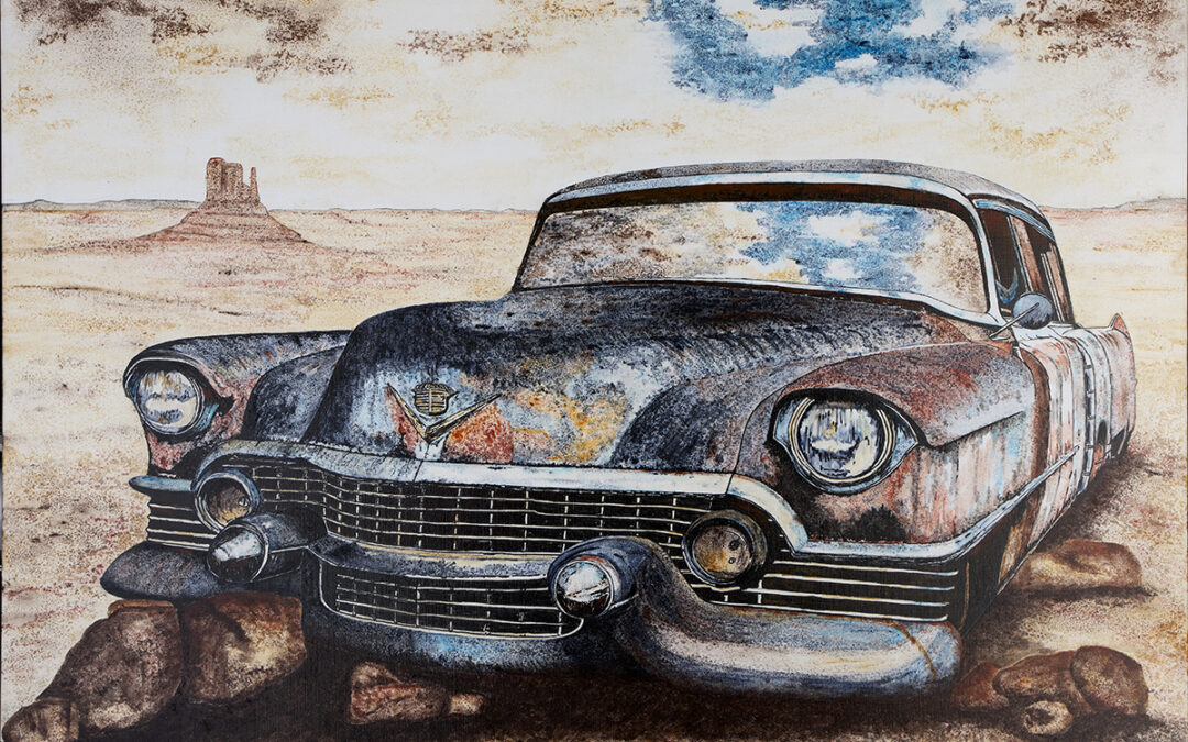 Cadillac posée dans le Parc de Monument Valley. Tableau unique de 80 X 100 cm en techniques mixtes.